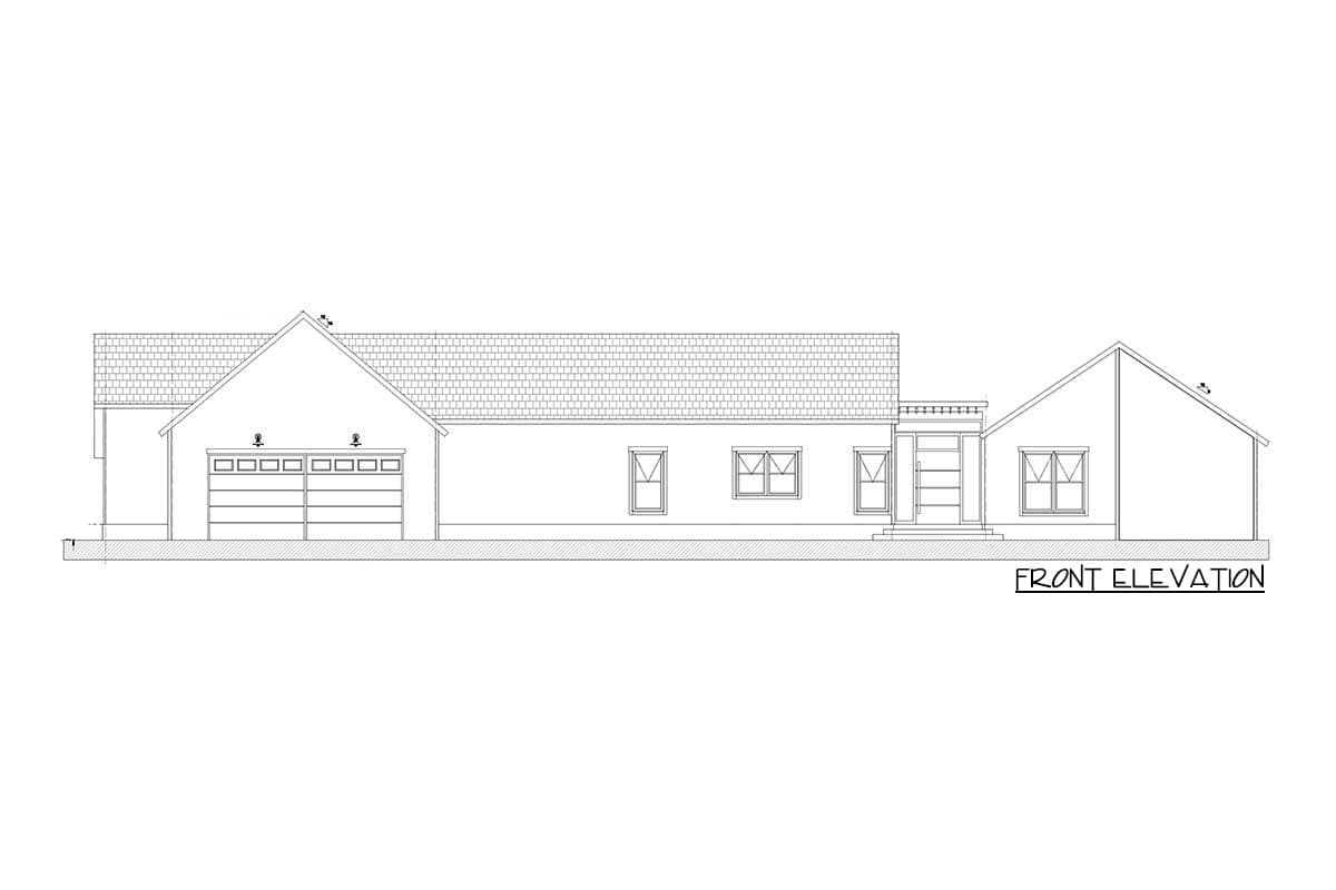 Front elevation drawing of a single-story house plan with a two-car garage, gable roof, and covered entry.