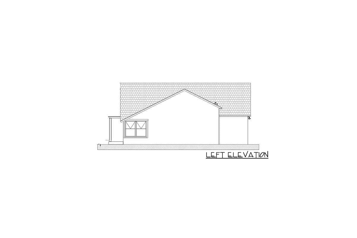 Left elevation drawing of a house plan showing a gabled roof, a window, and a covered entrance.