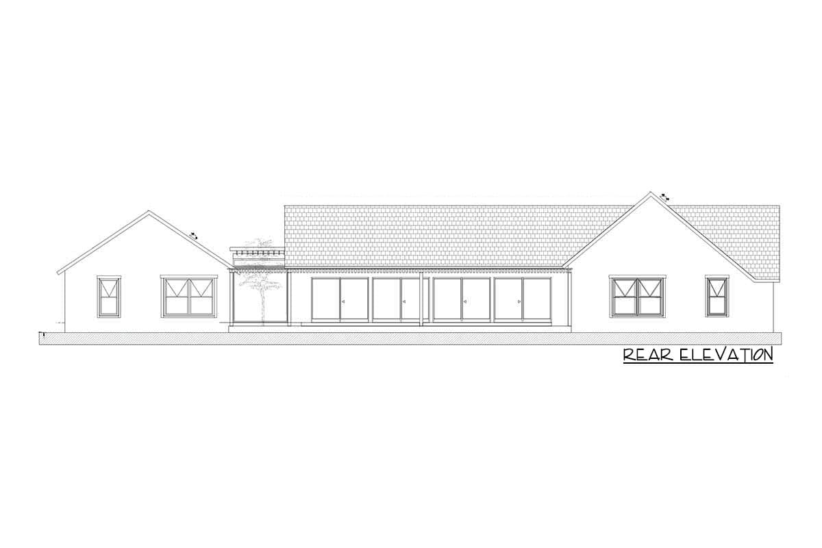 Rear elevation house plan drawing featuring gable roofs, multiple windows, and a long row of glass doors.