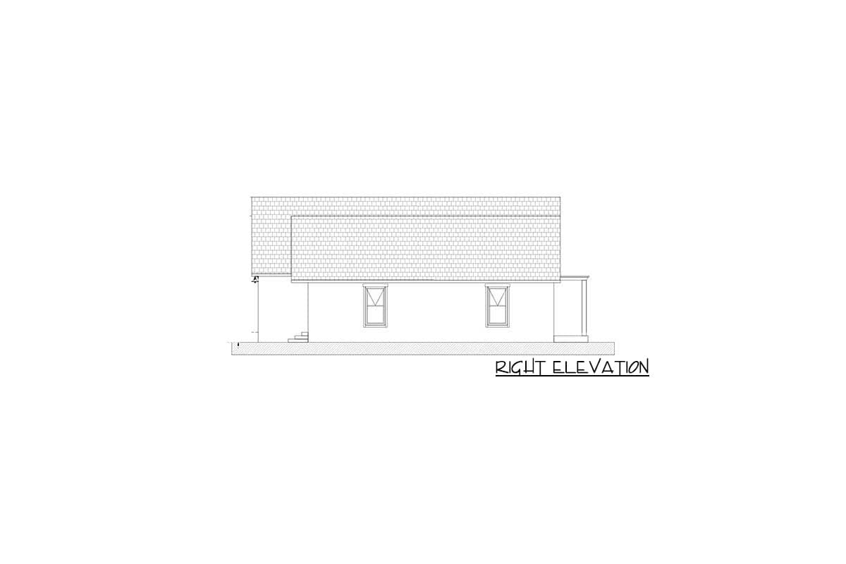 Right elevation house plan drawing showing a single-story structure with two windows and a covered porch.