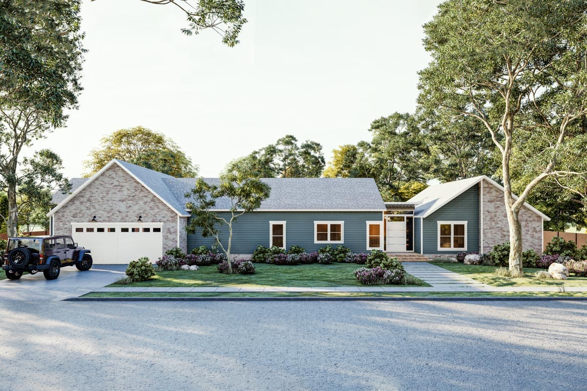 House plan exterior with Craftsman style. Features include gabled roof, brick accents, and attached garage. One story.