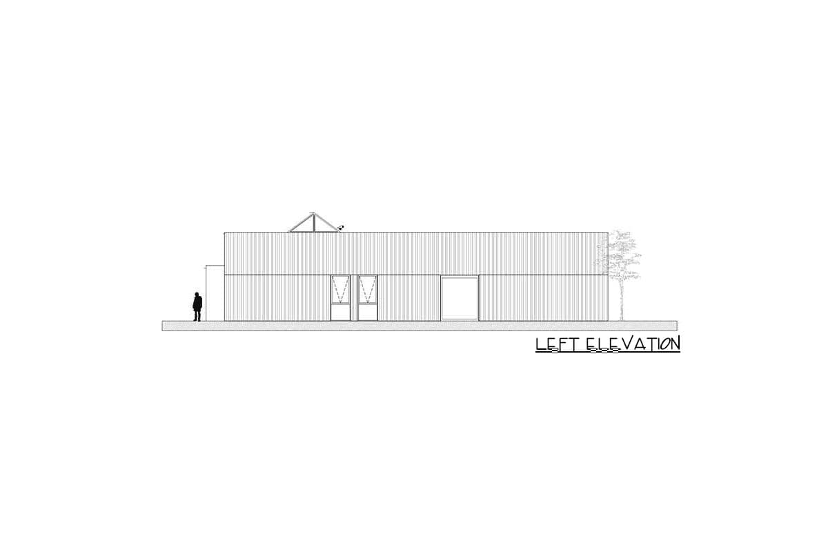 Left elevation drawing of a modern house with corrugated siding, a clerestory window, and a single door.