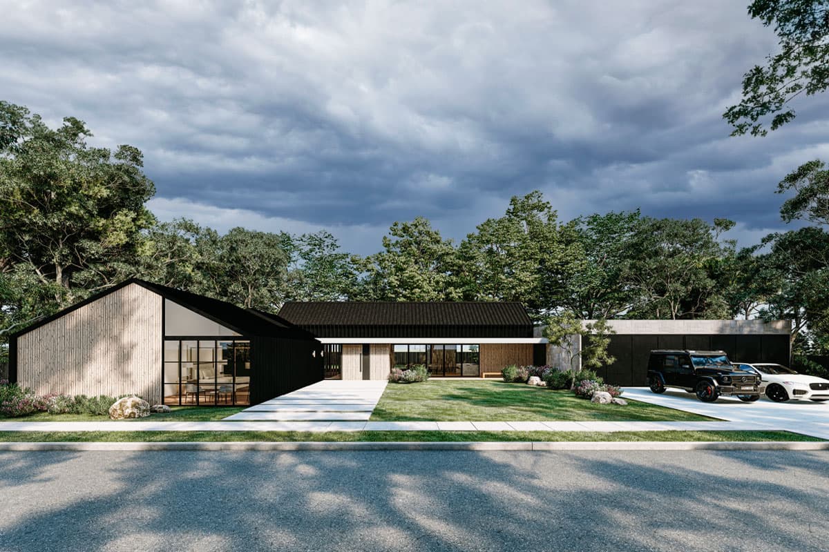 House plan exterior. Modern style, single-story home with a gable roof, board and batten siding, and floor-to-ceiling windows.