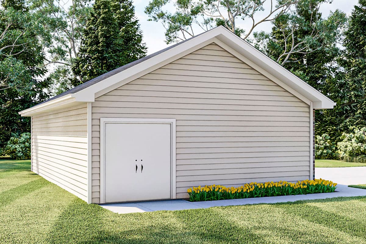 House plan exterior featuring horizontal siding, a prominent gable end, and a single garage door. 107 characters.