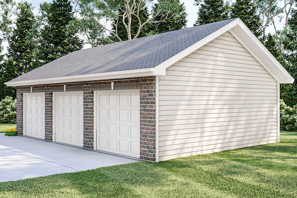 House plan exterior of a three-car garage with white doors, brick accents, and vinyl siding.