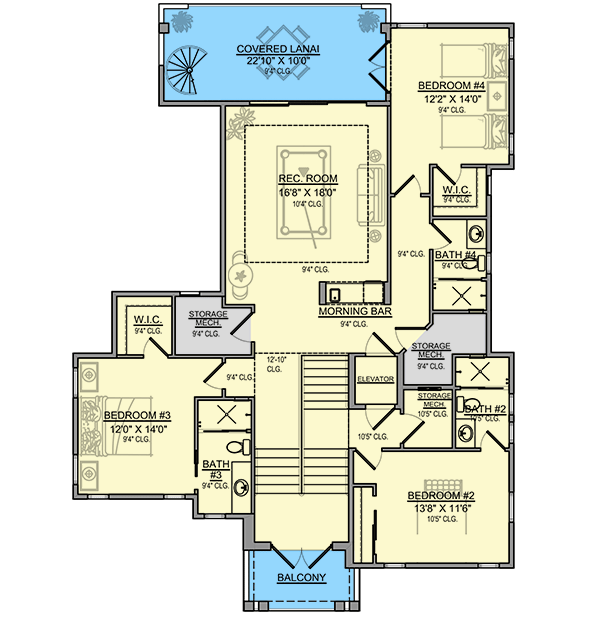 Plan 65665BS: Transitional Mediterranean Home Plan with 3rd Floor Observation Deck - Floor Plan - 2nd Floor - Coastal, European, Florida-Style, Mediterranean, Transitional