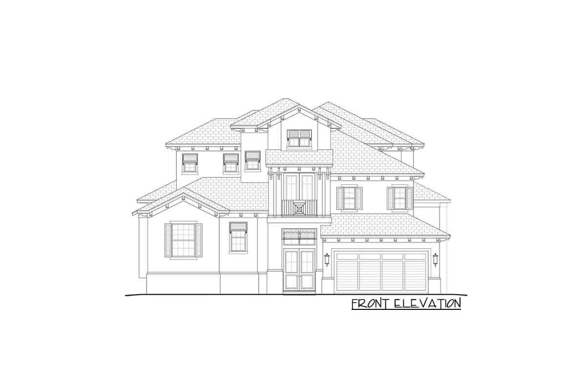 Front elevation drawing of a two-story house plan featuring a prominent gable, covered front porch, and a two-car garage.