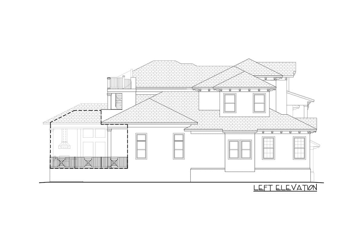 Left elevation house plan showing a multi-story building with a covered porch, multiple gables, and various window types.