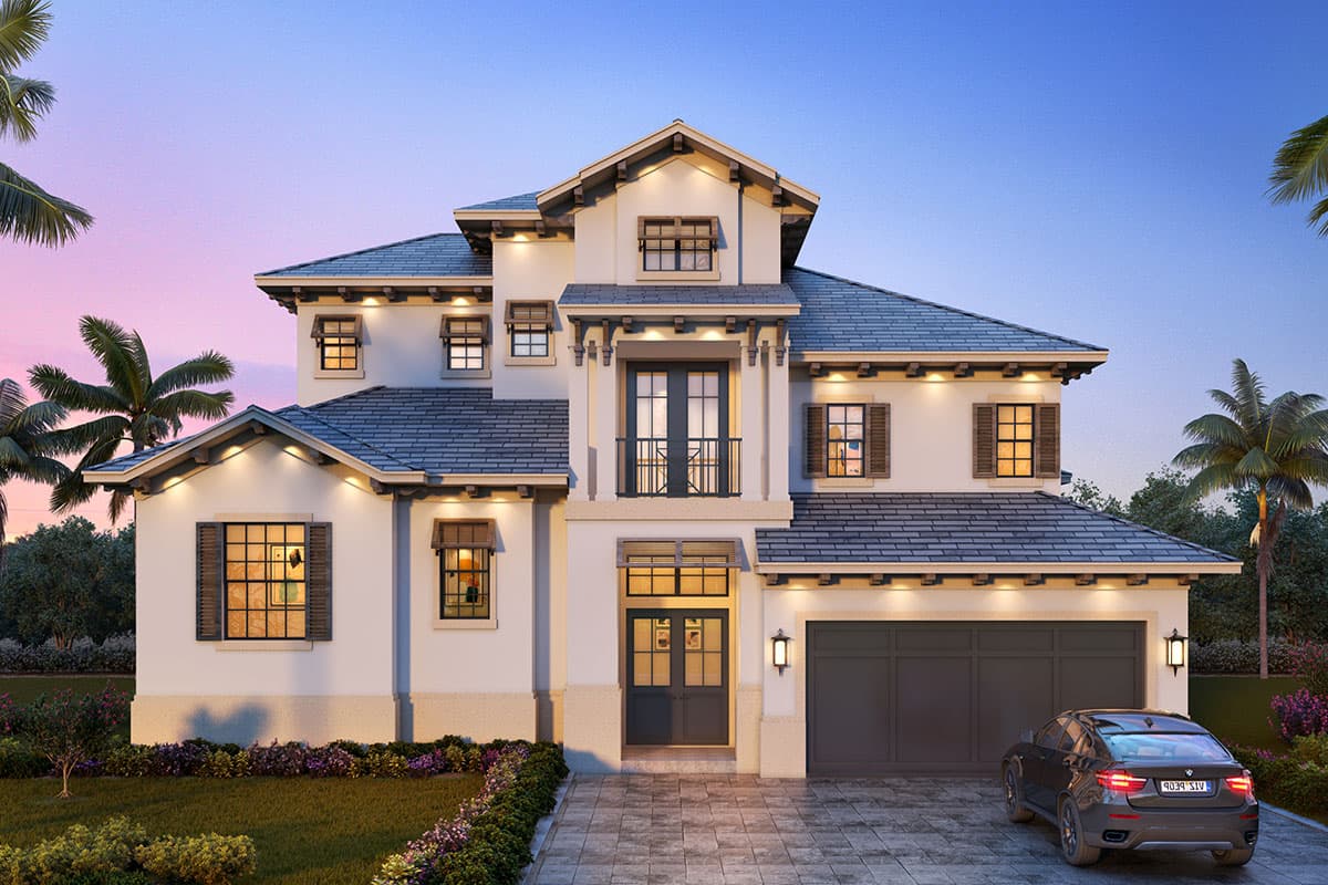 House plan exterior. Two-story Mediterranean style with a multi-gabled roof, front-facing balcony, and attached two-car garage.