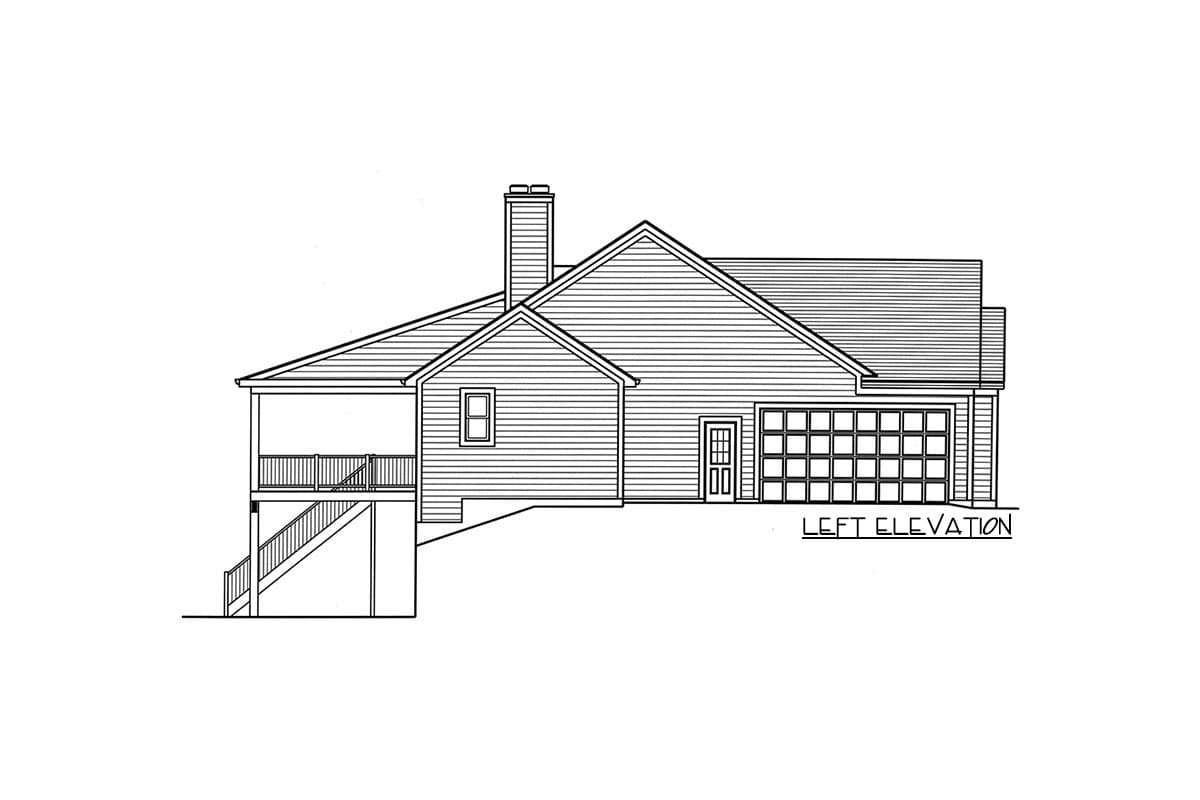 Left elevation of a house plan showing a covered porch, gable, chimney, and two-car garage.