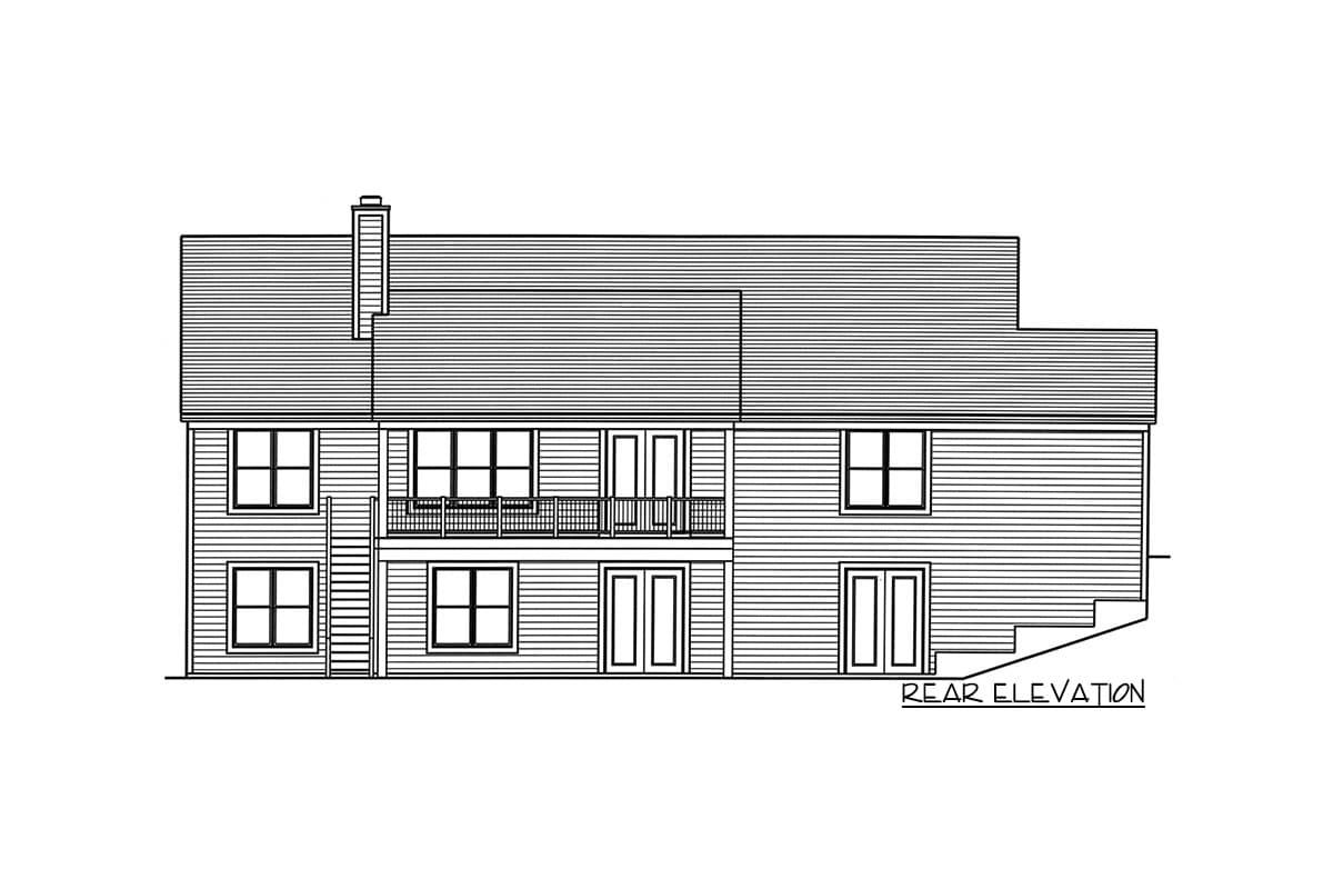 Rear elevation drawing of a two-story house plan with a balcony, multiple windows, and two doors.