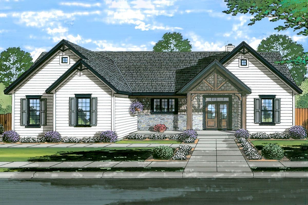 House plan exterior featuring Craftsman-style elements, with a front porch, gables, and wood trim accents. One-story home with a dark gray roof.