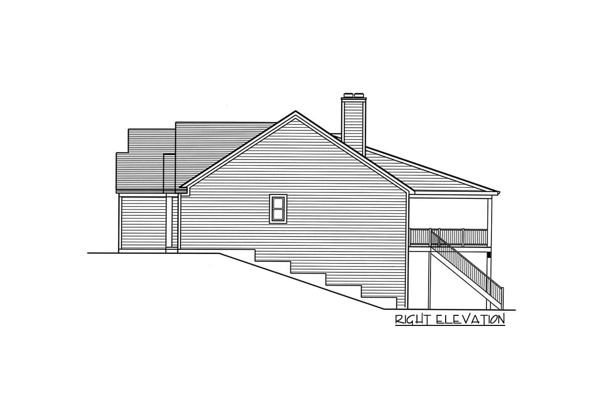 Right elevation house plan drawing showing a pitched roof, side porch, chimney, and exterior siding.