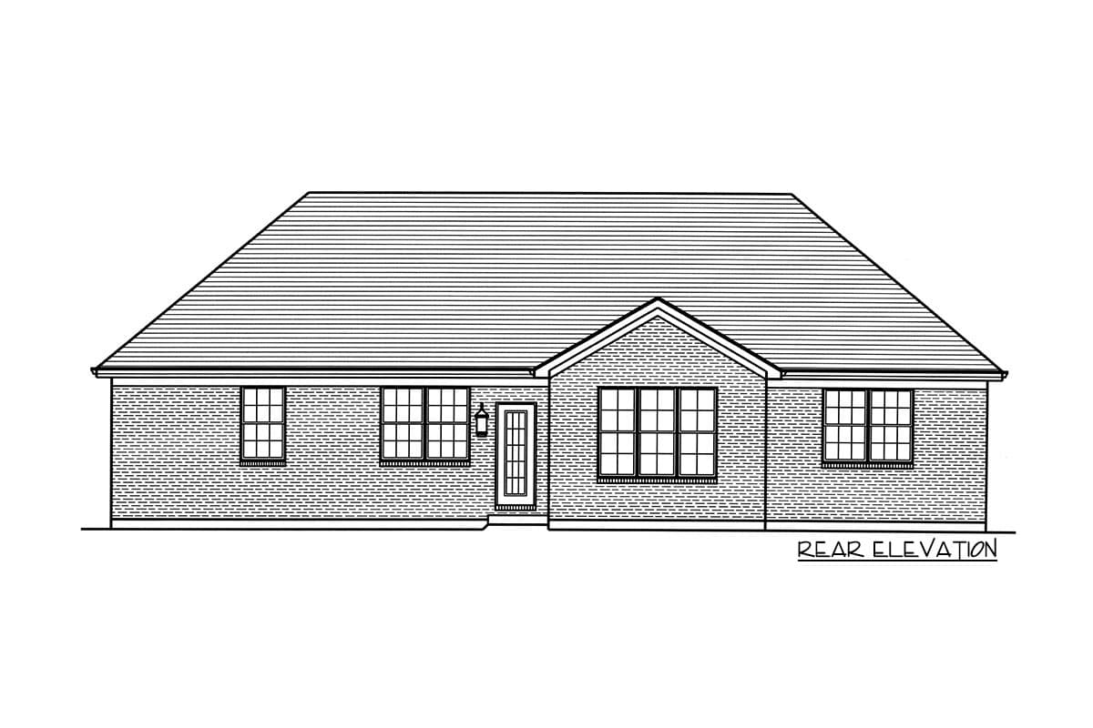 Rear elevation drawing of a one-story brick house with a gabled roof, multiple windows, and a central door.
