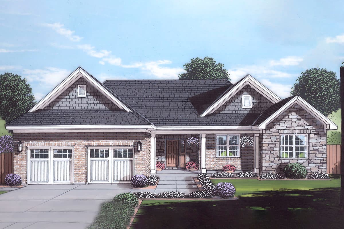 House plan exterior featuring a one-story design with gabled rooflines, stone facade, brick veneer, and a two-car garage.
