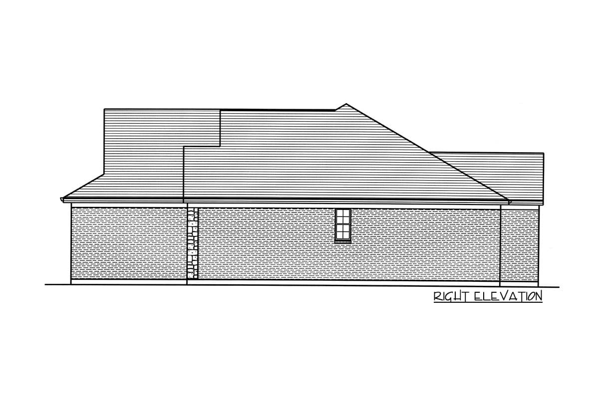 Right elevation house plan drawing showing a pitched roof, brick exterior, and one window.