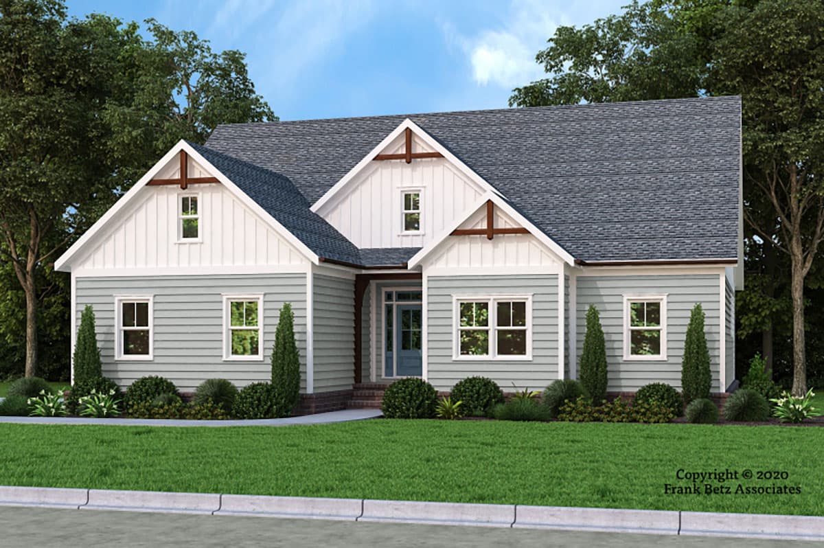 House plan exterior: Ranch style, one story with prominent gables, board and batten siding, and dormer.