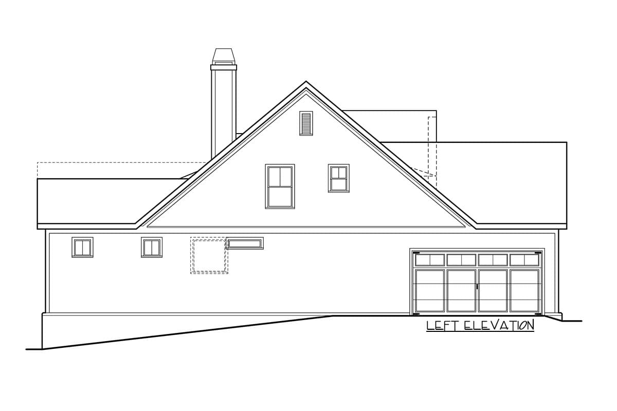 Left elevation drawing of a house plan showing a gable roof, dormer, chimney, windows, and a multi-panel garage door.