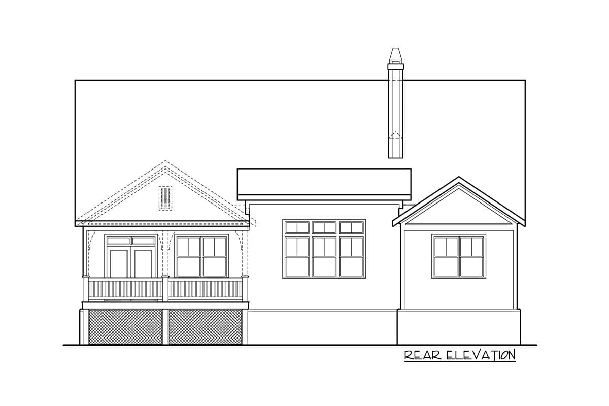 Rear elevation of a house plan featuring a covered porch with railing, multiple windows, and a prominent chimney.
