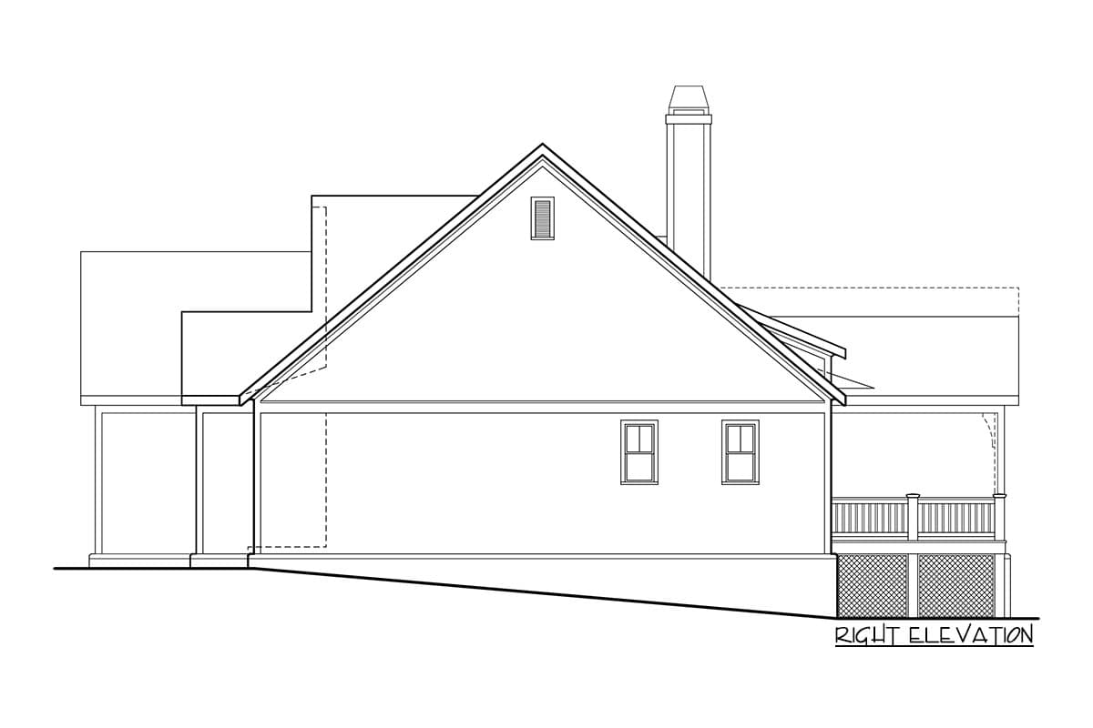 Right elevation drawing of a house plan, showing rooflines, chimney, porch, and windows.