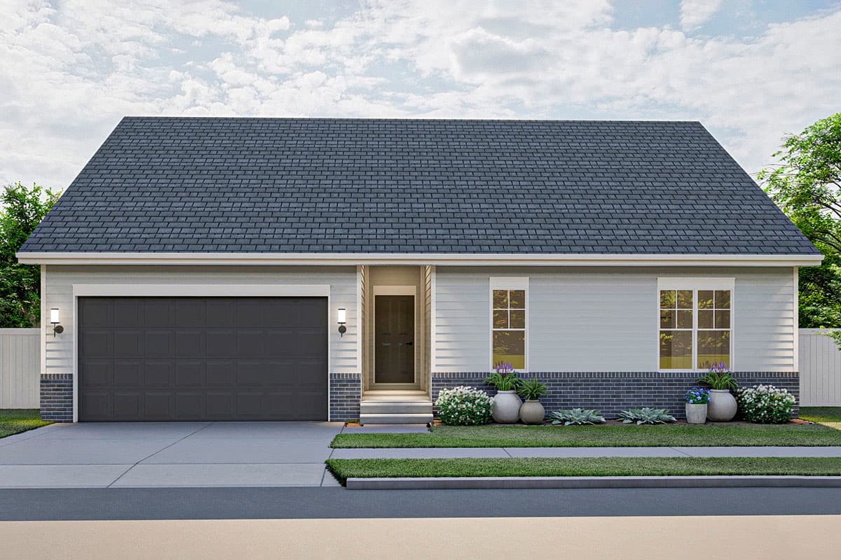 House plan exterior with garage, gable roof, and brick facade. One-story home with a front entry and two double-hung windows.