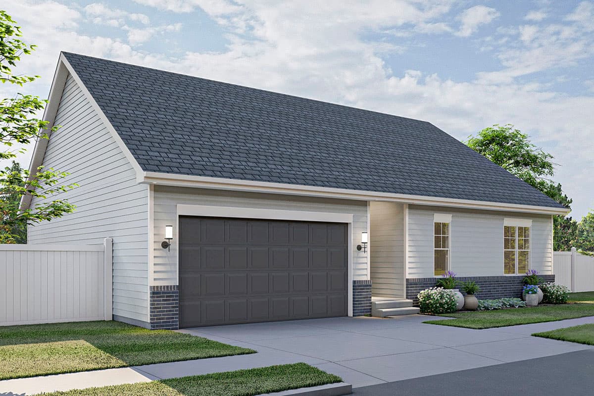 House plan exterior: One-story Modern Farmhouse with a front-facing garage, gabled roof, and horizontal siding.