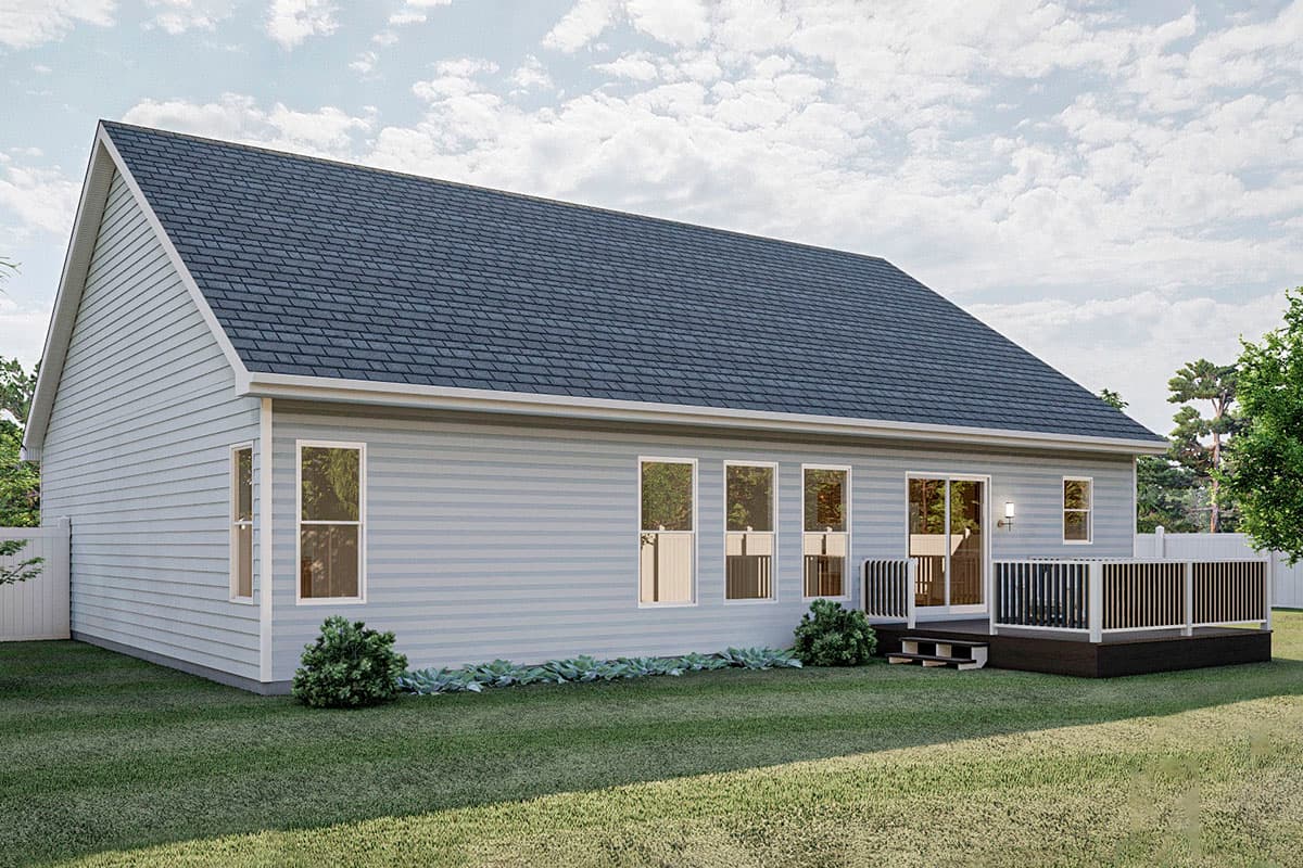 House plan exterior, single-story home with a gable roof, vinyl siding, and a large deck with white railings.