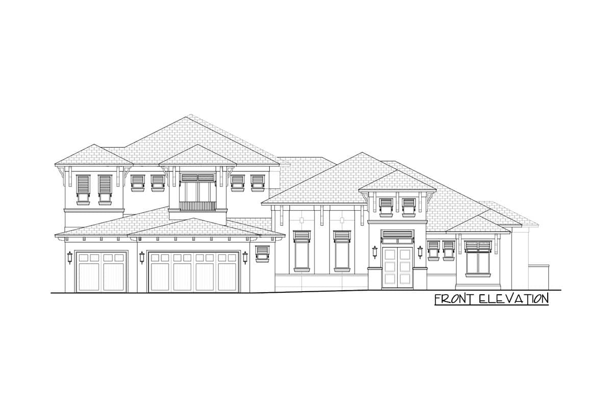 Front elevation drawing of a two-story house plan with a multi-gabled roof, covered entry, and a three-car garage.