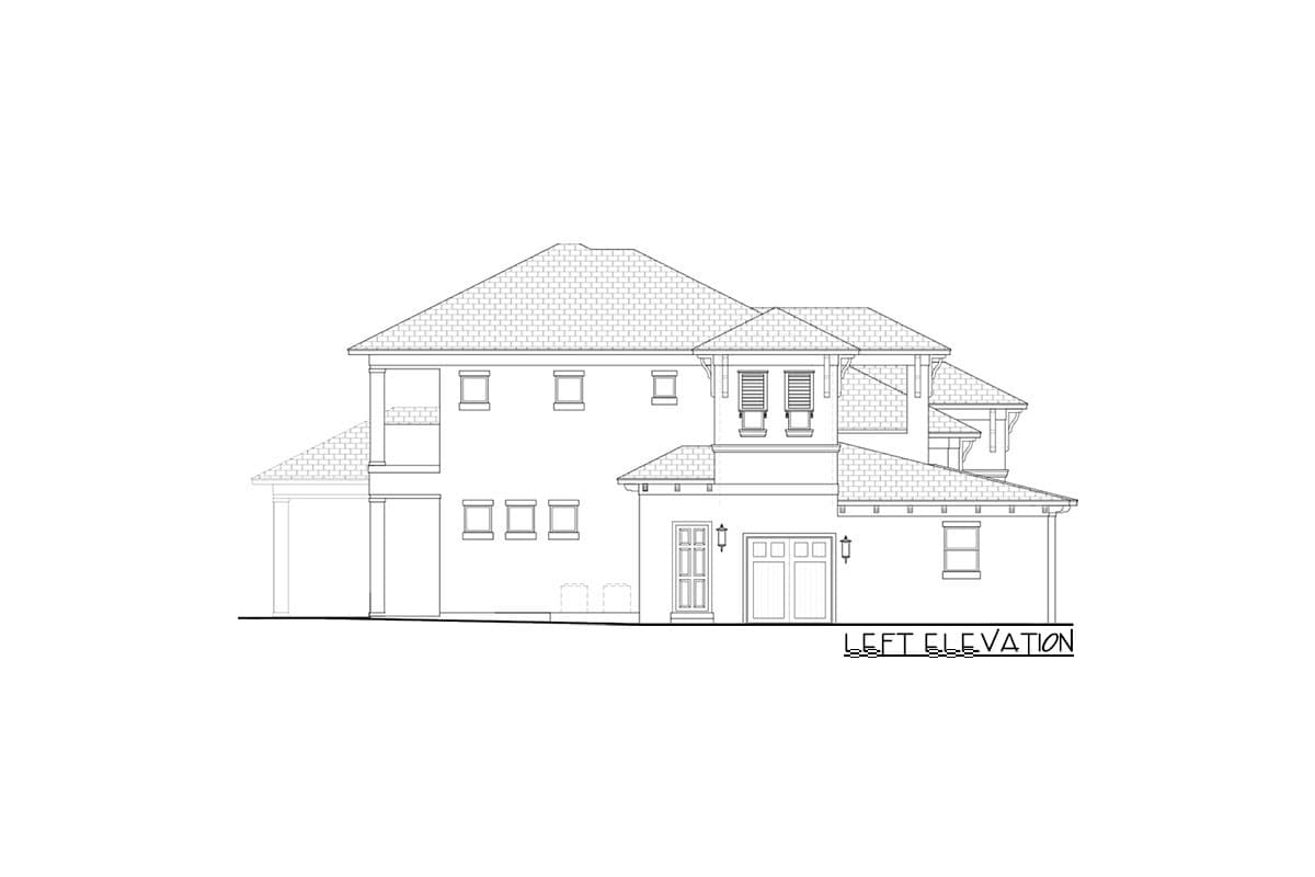Left elevation house plan. Two-story, multi-gabled roof, covered porch, and two-car garage.