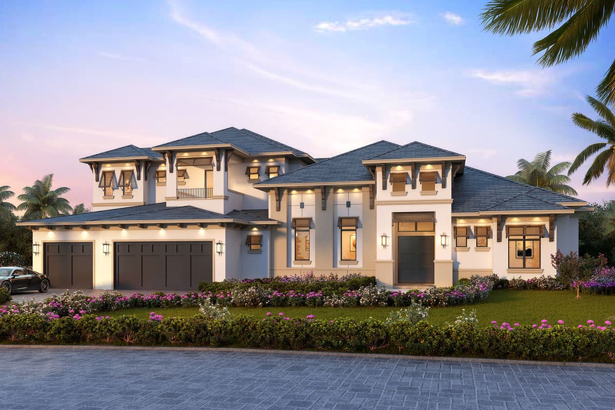 House plan exterior. Two-story, coastal style with hip roof, garage, and multiple dormers with decorative brackets.