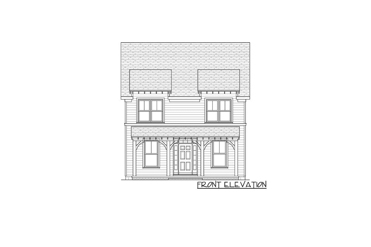 Front elevation drawing of a two-story house with gabled dormers, a covered porch with arched supports, and a central entrance.