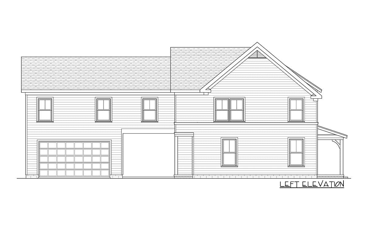 Left elevation drawing of a two-story house plan with a two-car garage, multiple windows, and a gable roofline.