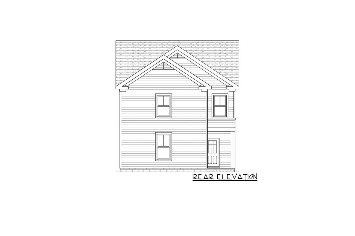Rear elevation drawing of a two-story house with siding, gable vent, and two windows on the second floor.