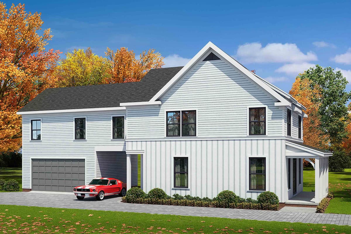 House plan exterior rendering. Two-story Modern Farmhouse with gabled roof, vertical siding, attached garage, and covered porch.