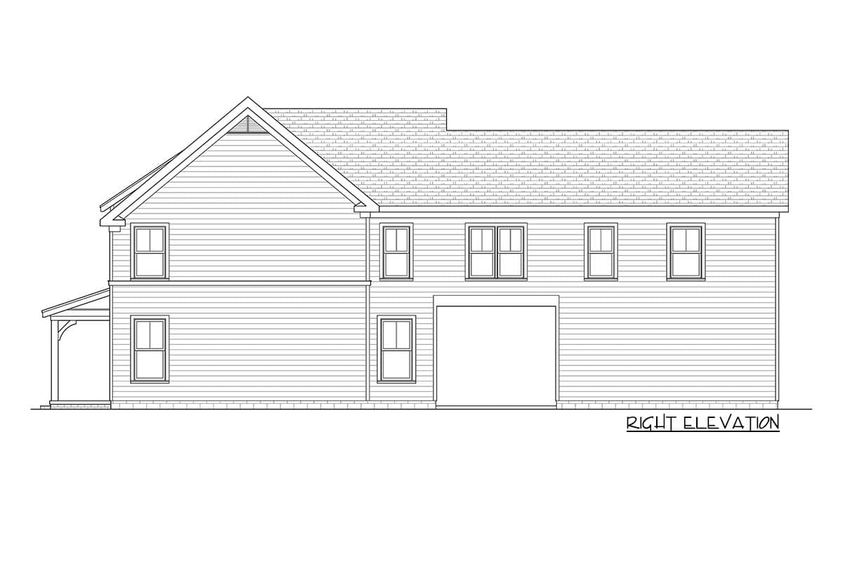 Right elevation house plan drawing showing two stories, a gable roof, a porch, and a two-car garage.