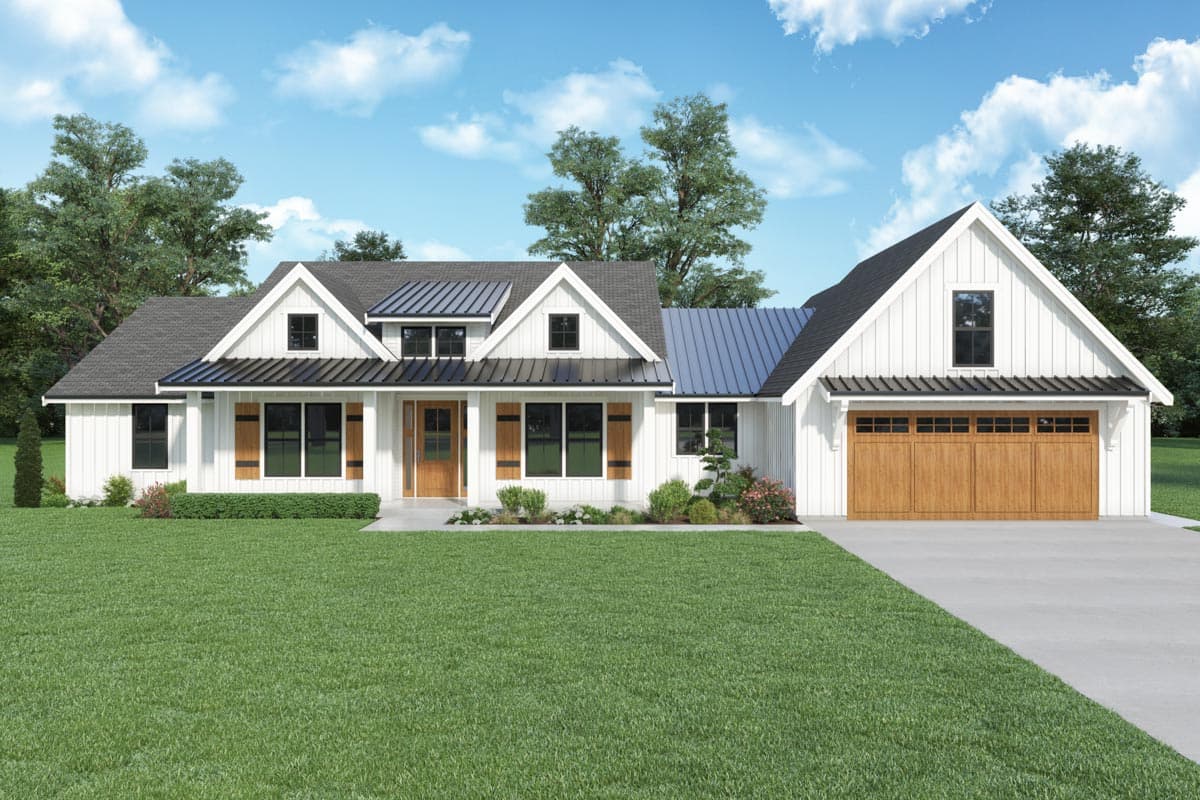 House plan exterior. Modern Farmhouse style, one-story. Features include gables, a metal roof accent, and a front-facing garage with wood doors.