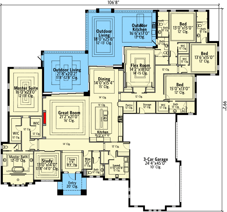Plan 65669BS: Luxury Southern Home Plan with Large Outdoor Living Space - Floor Plan - Main Level - European, Florida-Style, Southern, Transitional
