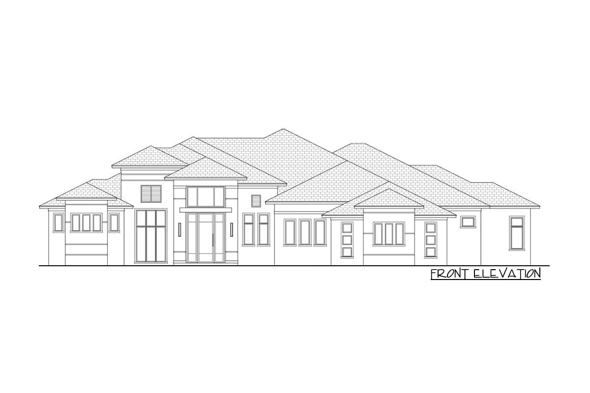 Front elevation drawing of a modern house plan with multiple gables, a central glass entrance, and numerous windows.