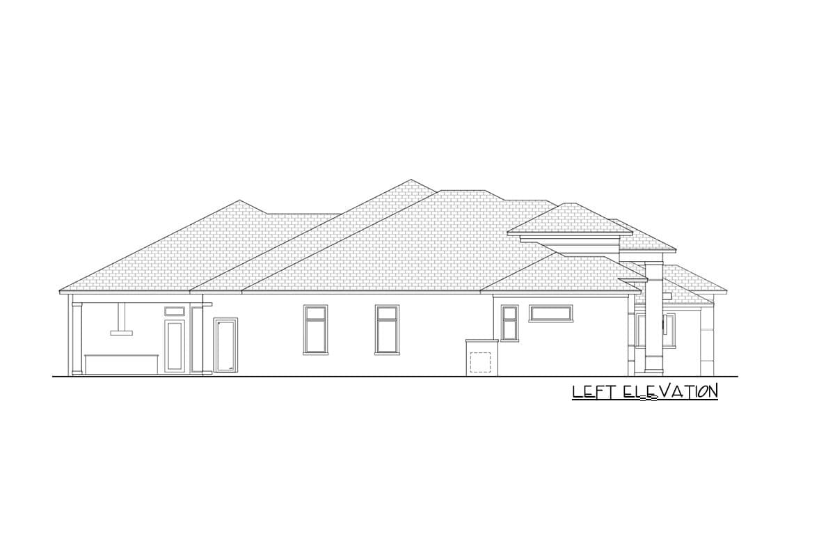 House plan left elevation drawing showing varied rooflines, multiple windows, and a covered porch area.