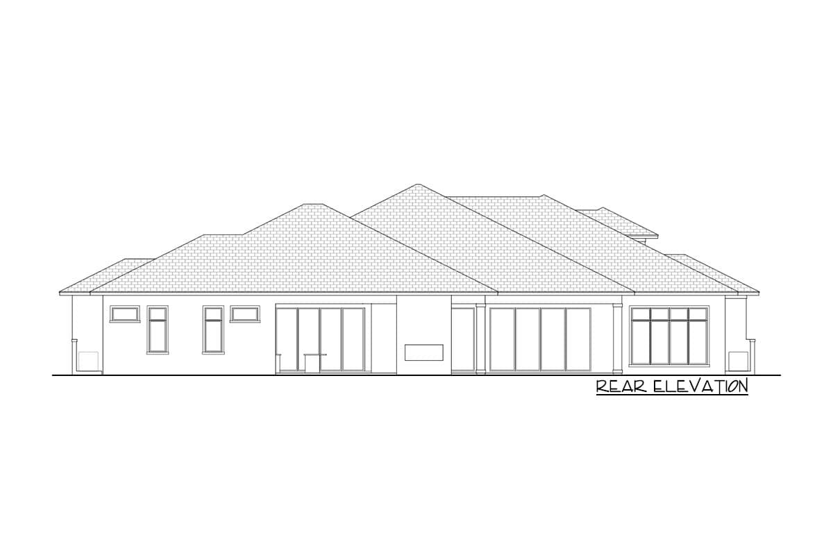 Rear elevation drawing of a house plan with multiple rooflines, rectangular windows, and sliding glass doors.