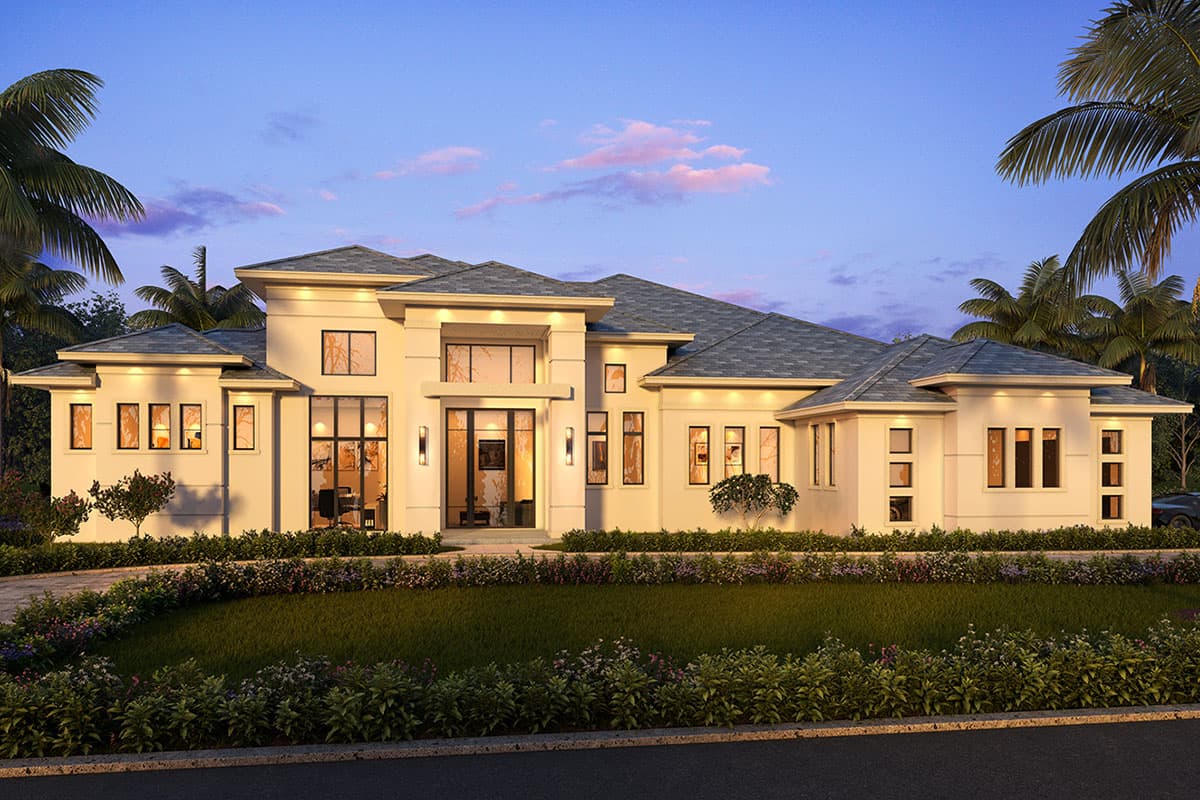 House plan exterior. Two-story, Modern style home with flat roof, multiple gables, and large windows. Exterior includes landscape and palm trees.