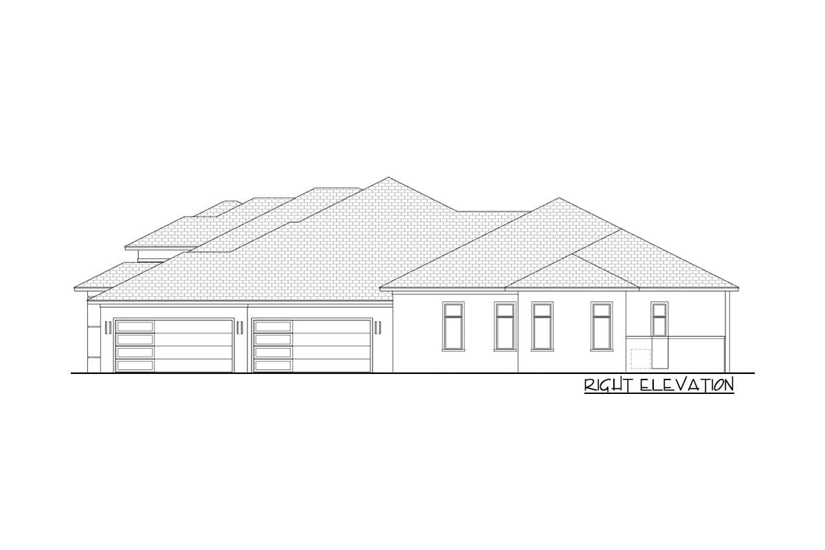 House plan right elevation showing a two-car garage, pitched rooflines, and multiple windows.