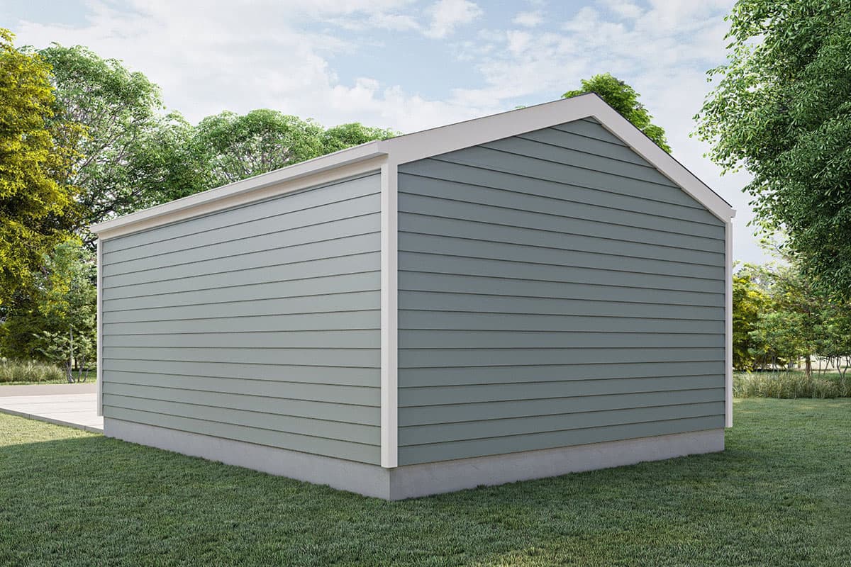 House plan exterior: Simple one-story structure with horizontal siding, gable roof, and white trim.