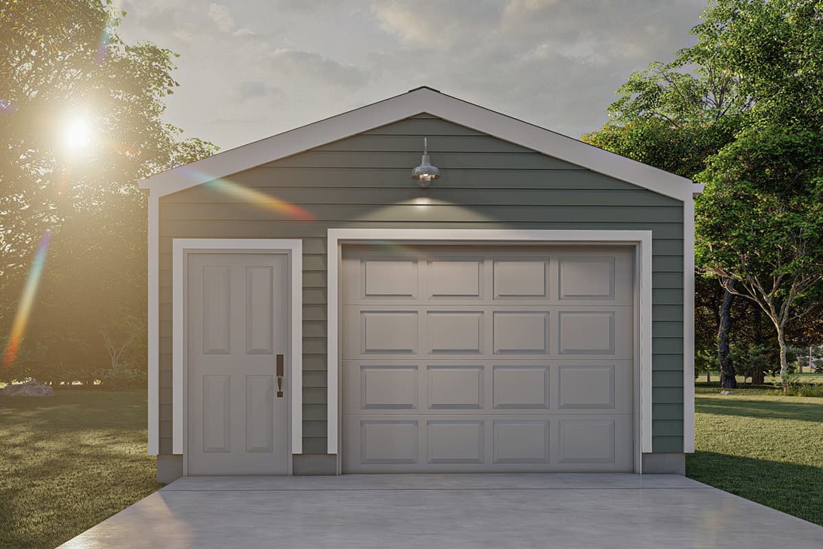 House plan exterior: one-story garage with paneled door and sectional garage door. Features horizontal siding, gabled roof, and exterior light.