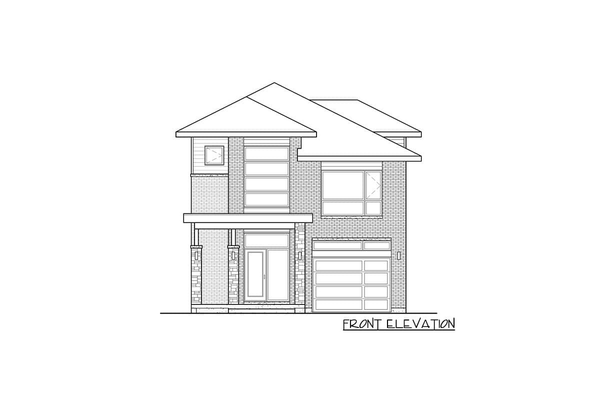 Front elevation drawing of a two-story house with brick facade, covered porch, and multi-pane windows.