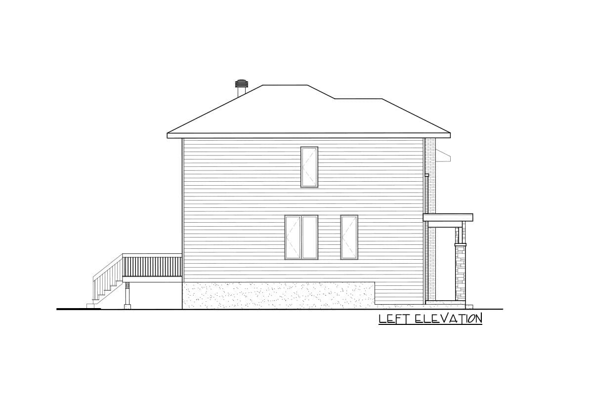 Left elevation drawing of a two-story house with a gabled roof, horizontal siding, deck, and small covered porch.