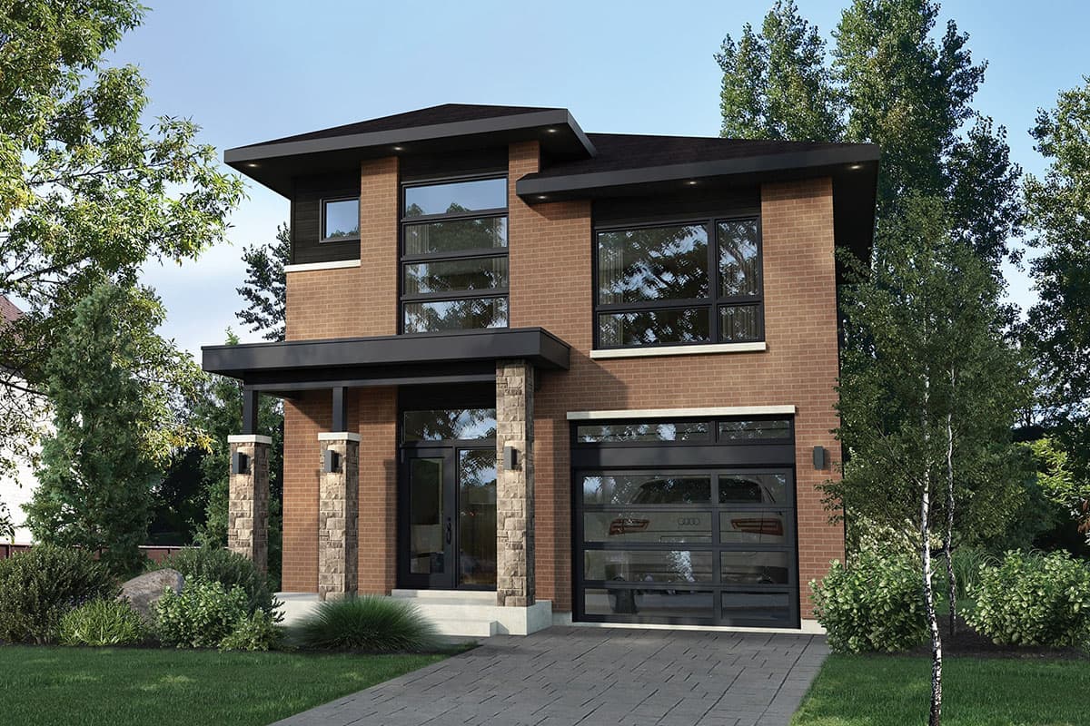 Modern two-story house plan exterior with brick facade. Features include a covered porch, flat roof, and attached garage with glass panels.