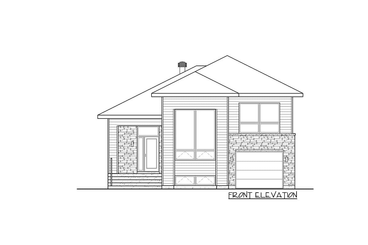 Front elevation drawing of a two-story house with siding, stone accents, large windows, entrance, and garage.
