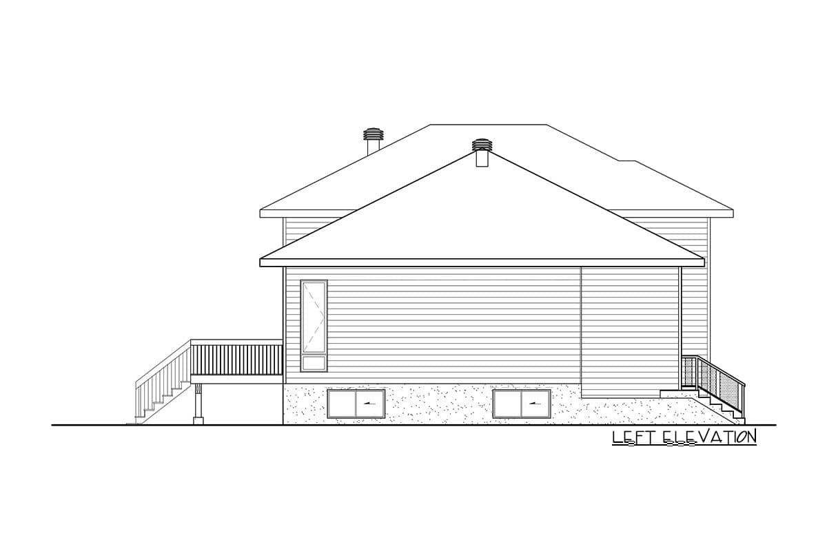 Left elevation house plan showing a two-story structure with vinyl siding, a gable roof, two chimneys, and a deck with stairs.