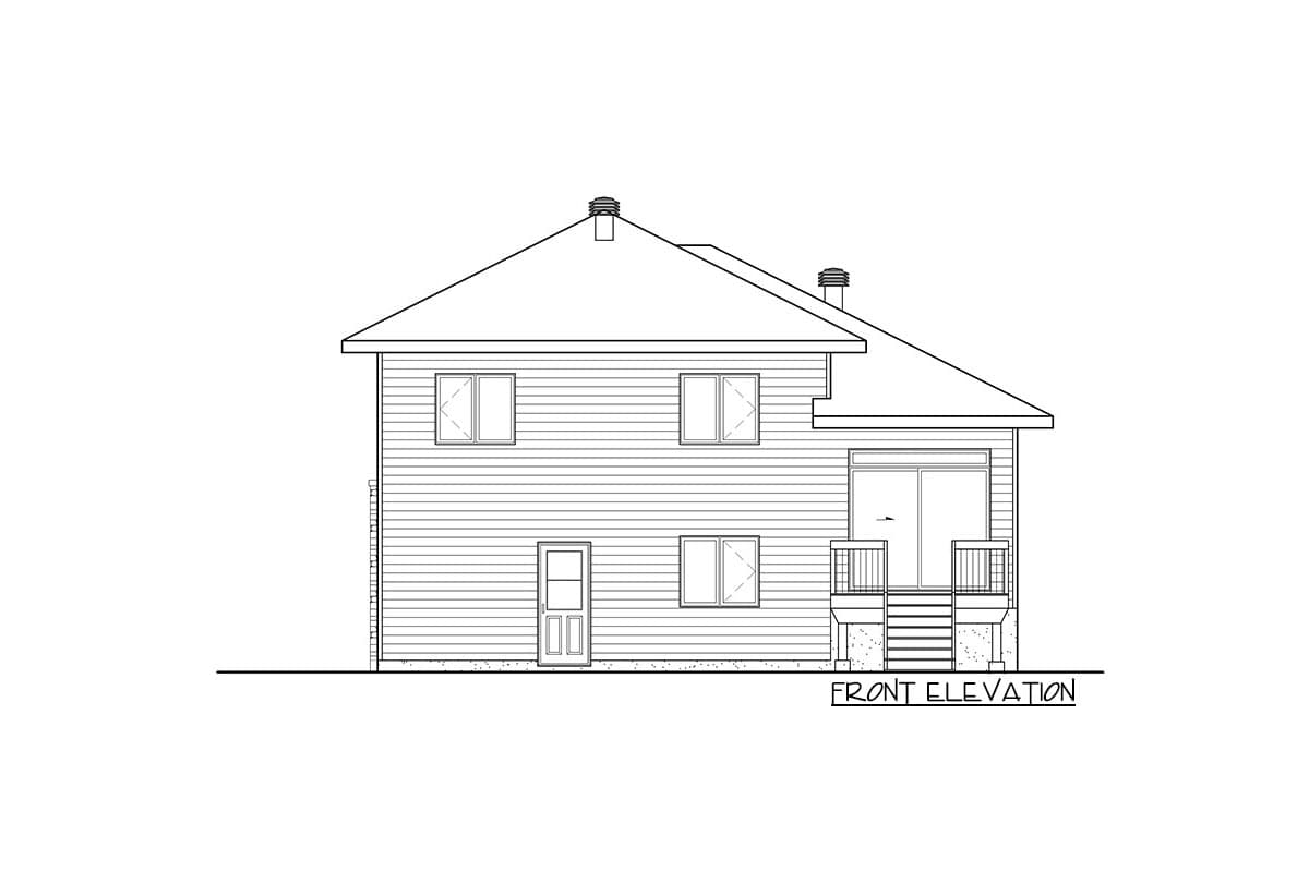 Front elevation drawing of a two-story house with horizontal siding, multiple windows, a central door, and a side porch with railings.